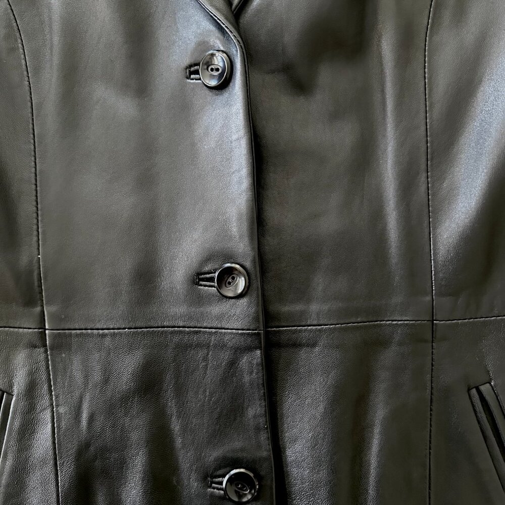 Prada women's vintage black leather button coat. - Picture 2 of 5